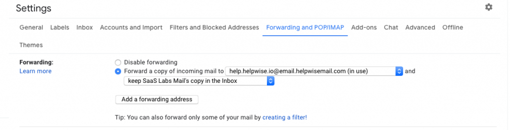 Gmail forward a copy to Helpwise