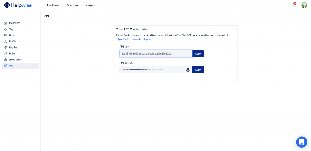 helpwise api key and secret