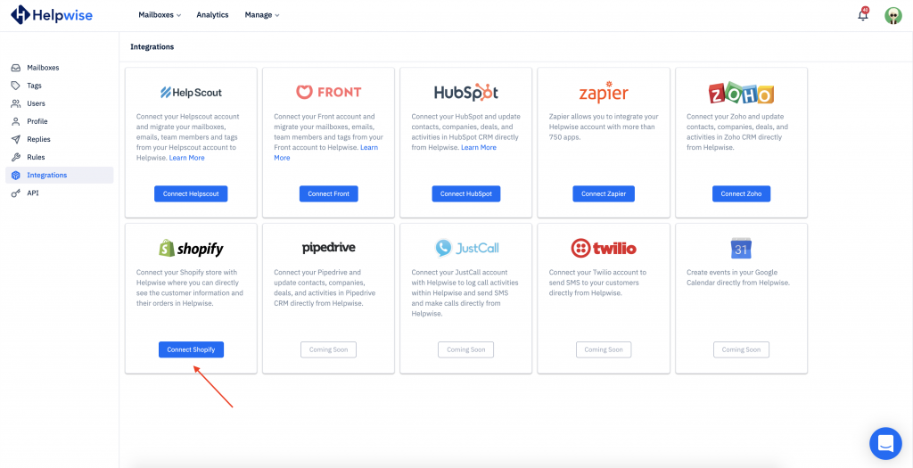 shopify connect button in helpwise integrations page