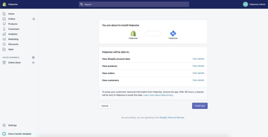 shopify helpwise app authorization page