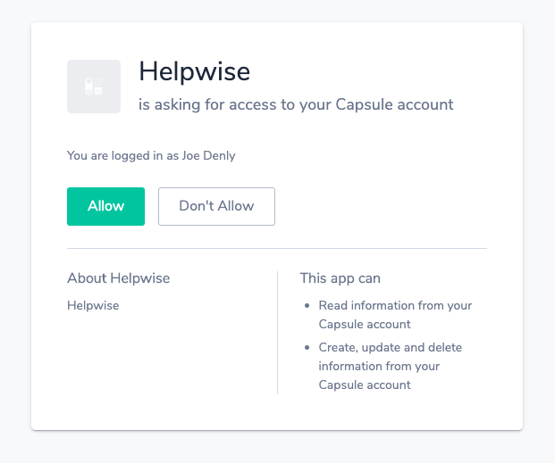 helpwise capsule crm authorisation