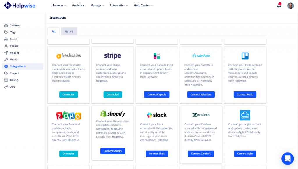 Helpwise integrations section