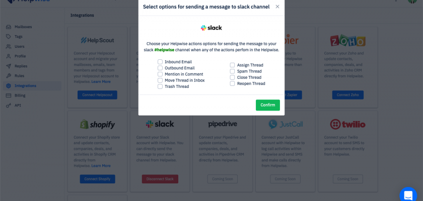 helpwise choose event to log in slack
