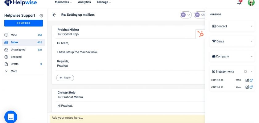 see hubspot information in shared inbox helpwise