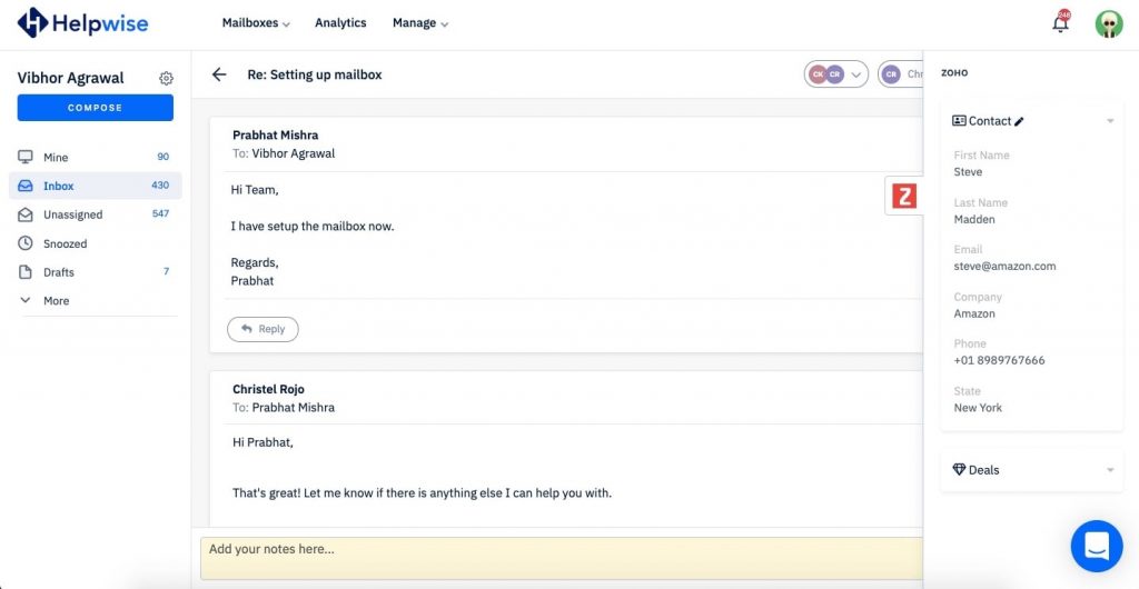 zoho contact information in shared mailbox Helpwise