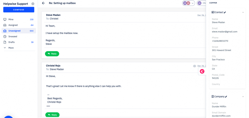 Helpiwse integrates with copper