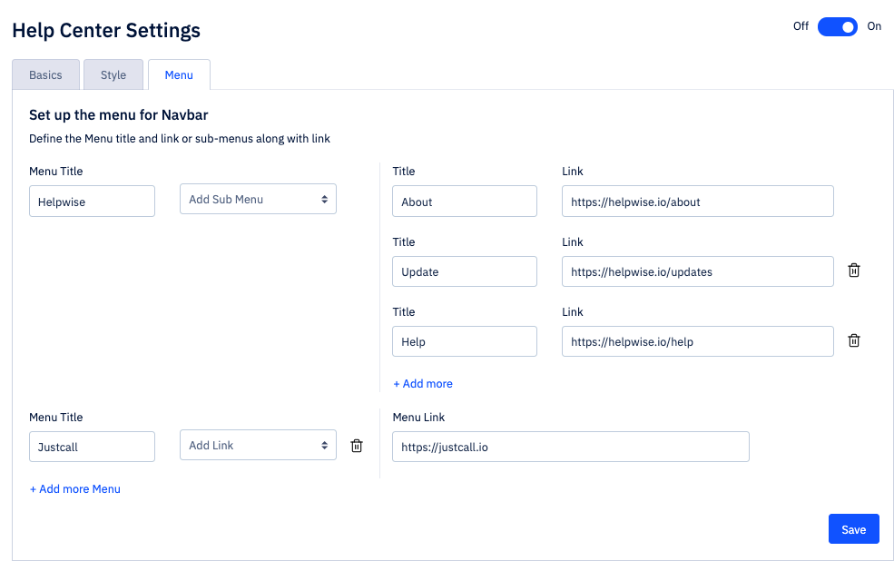 helpwise help center menu setting