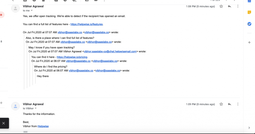 Your automated Email from Helpwise chat Inbox.