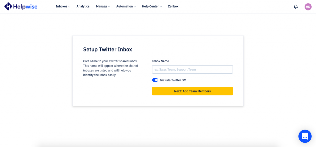 Helpwise shared inbox setup for Twitter DM