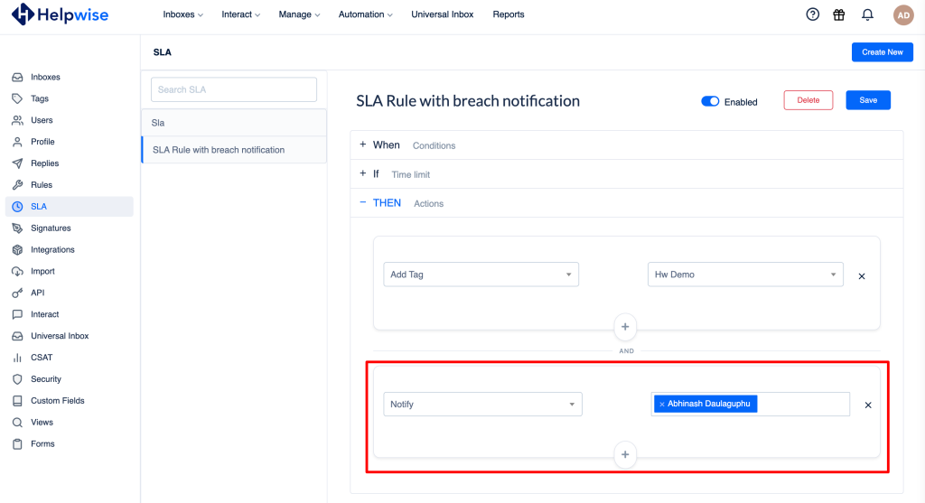 Notify action for SLA breach