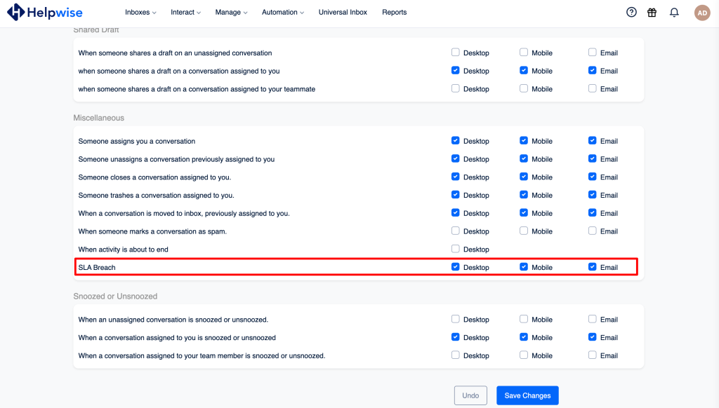 Notification center for sla