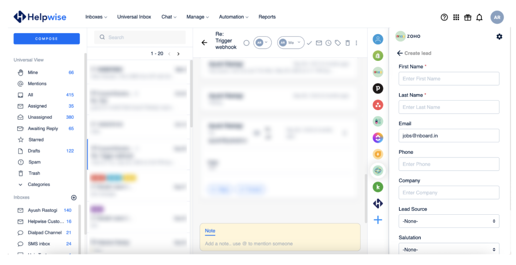 create, view, edit leads on Zoho from Helpwise